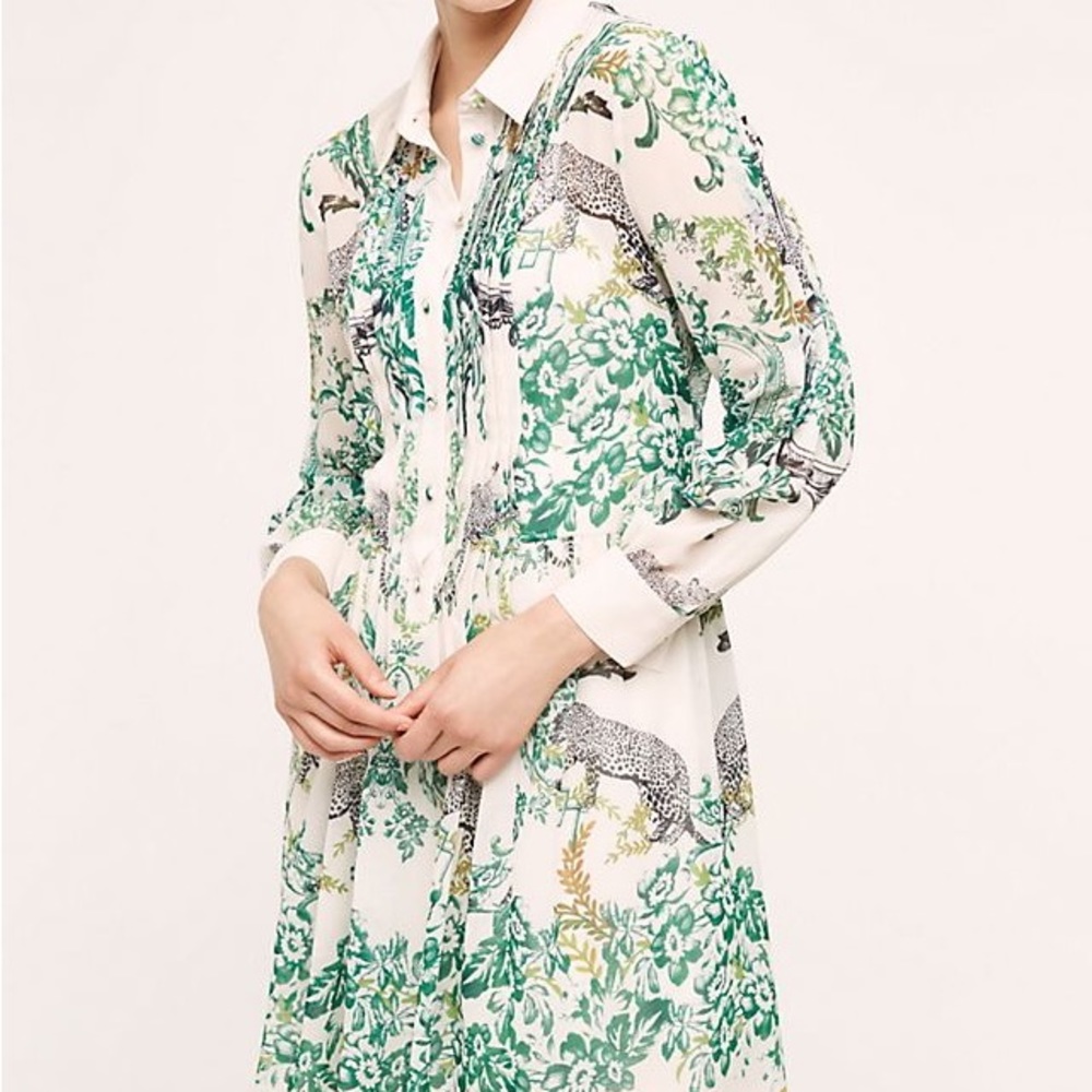 Anthropologie White Dress with Green Botanical & Black Leopard Print
